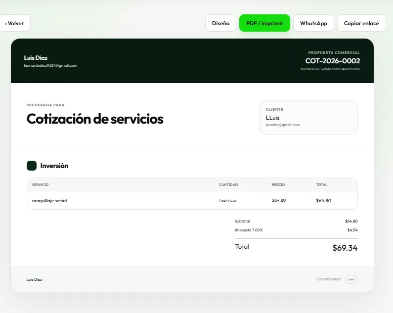 Vista final de una cotización profesional
