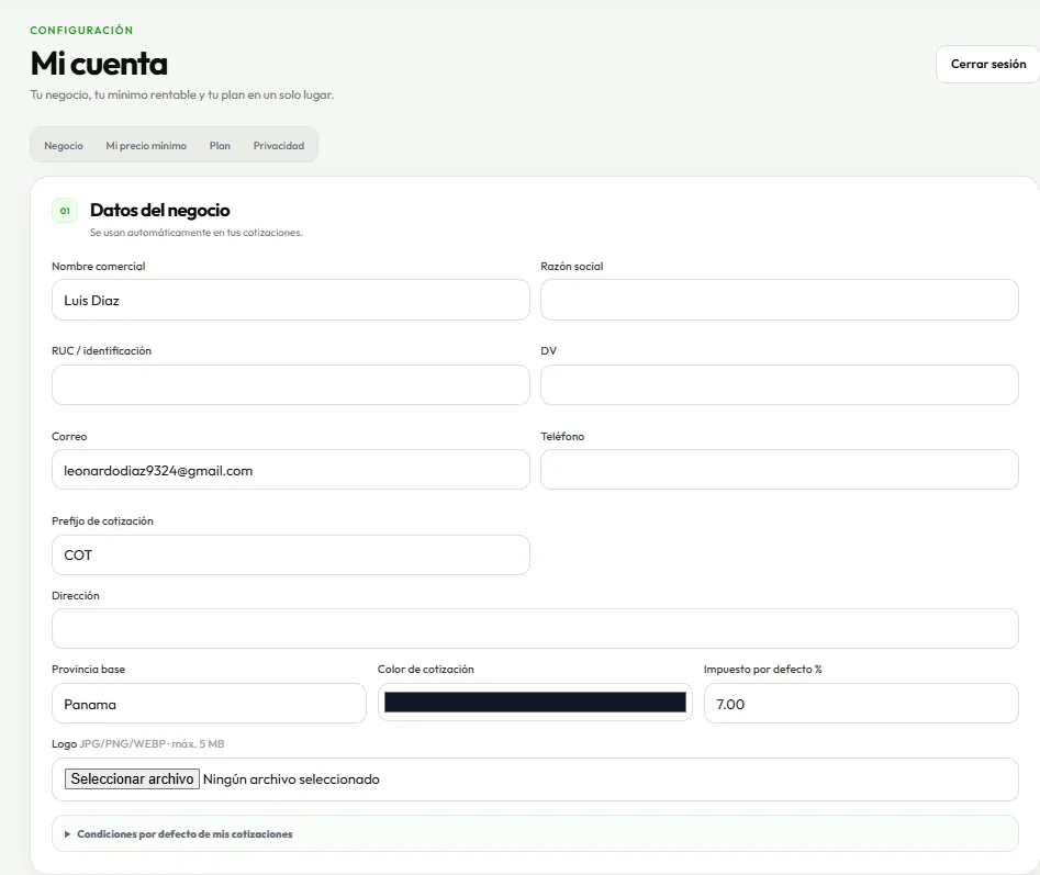 Configuración del negocio y datos usados en cotizaciones