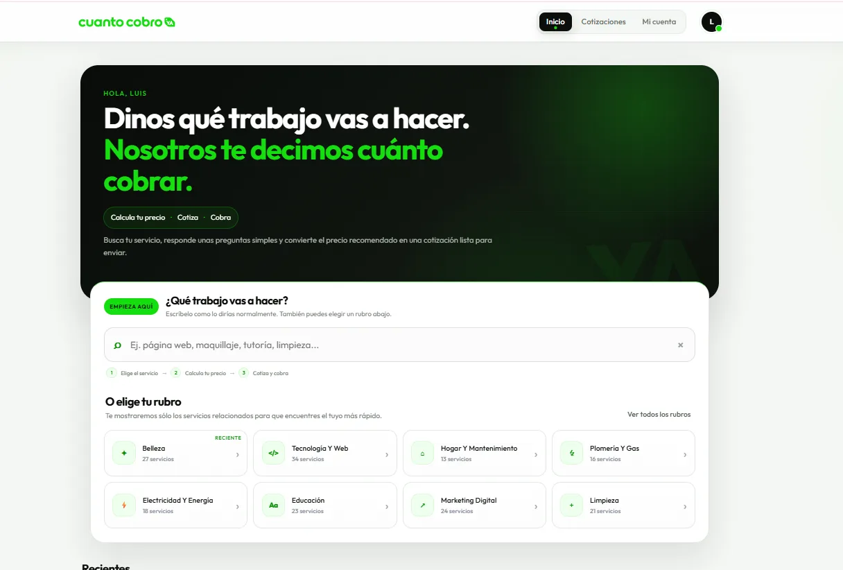 Pantalla principal de Cuánto Cobro YA para elegir un trabajo y calcular cuánto cobrar