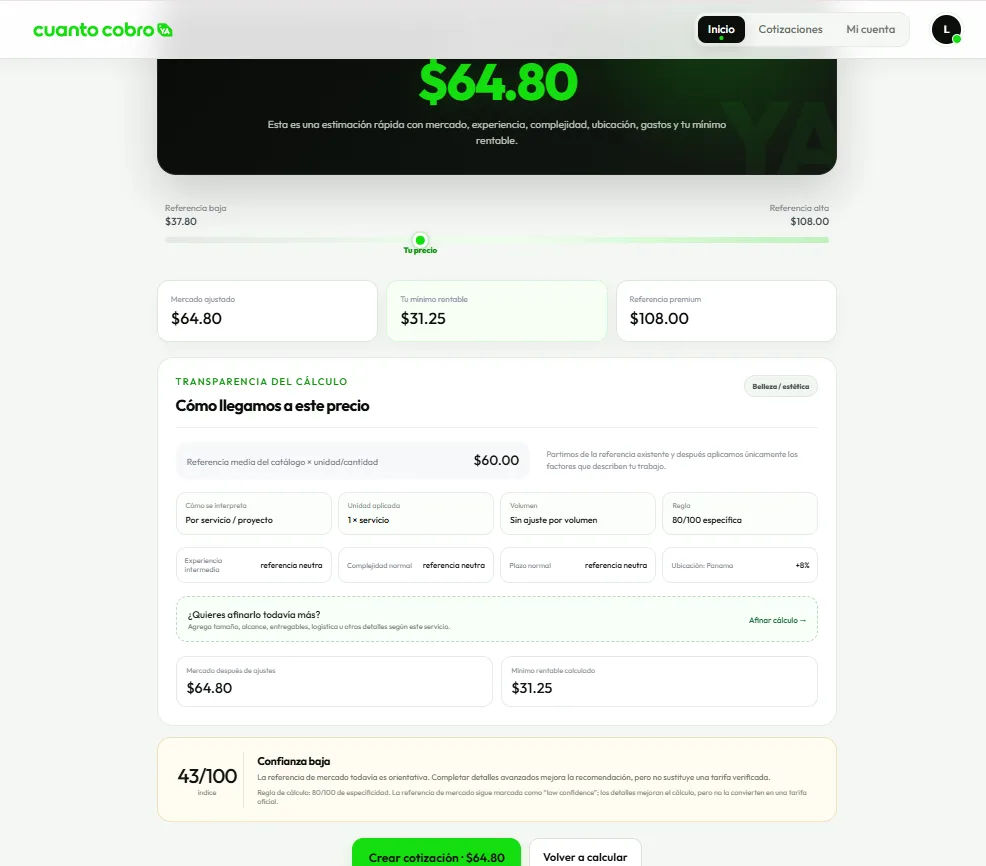 Resultado de precio recomendado con desglose y mínimo rentable